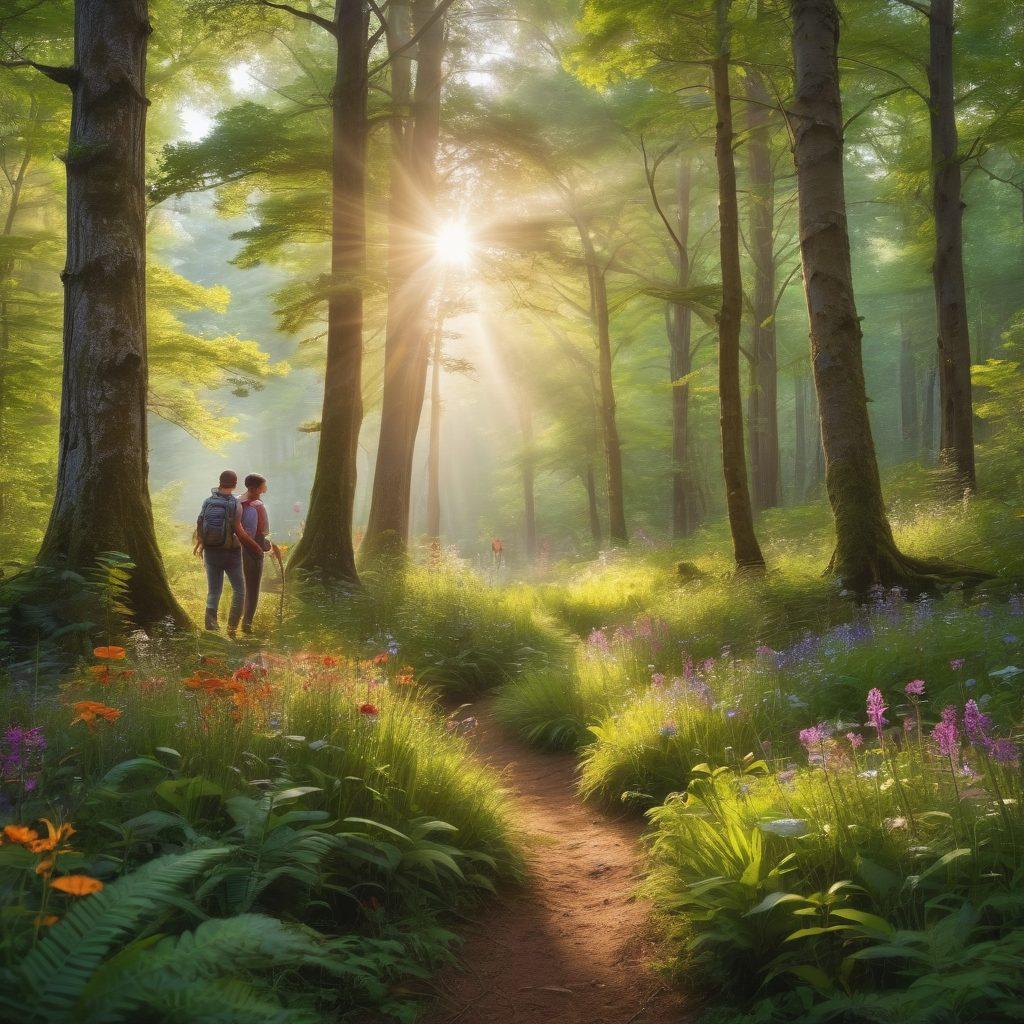A vibrant, sunlit forest scene with a diverse group of adventurers joyfully exploring nature, surrounded by lush greenery and colorful wildflowers. They are engaging in activities like hiking and birdwatching, embodying a sense of wonder and excitement. The atmosphere is cheerful and invigorating, with beams of sunlight filtering through the tree canopy, illuminating their smiles. Include playful wildlife peeking through the foliage. super-realistic. vibrant colors.