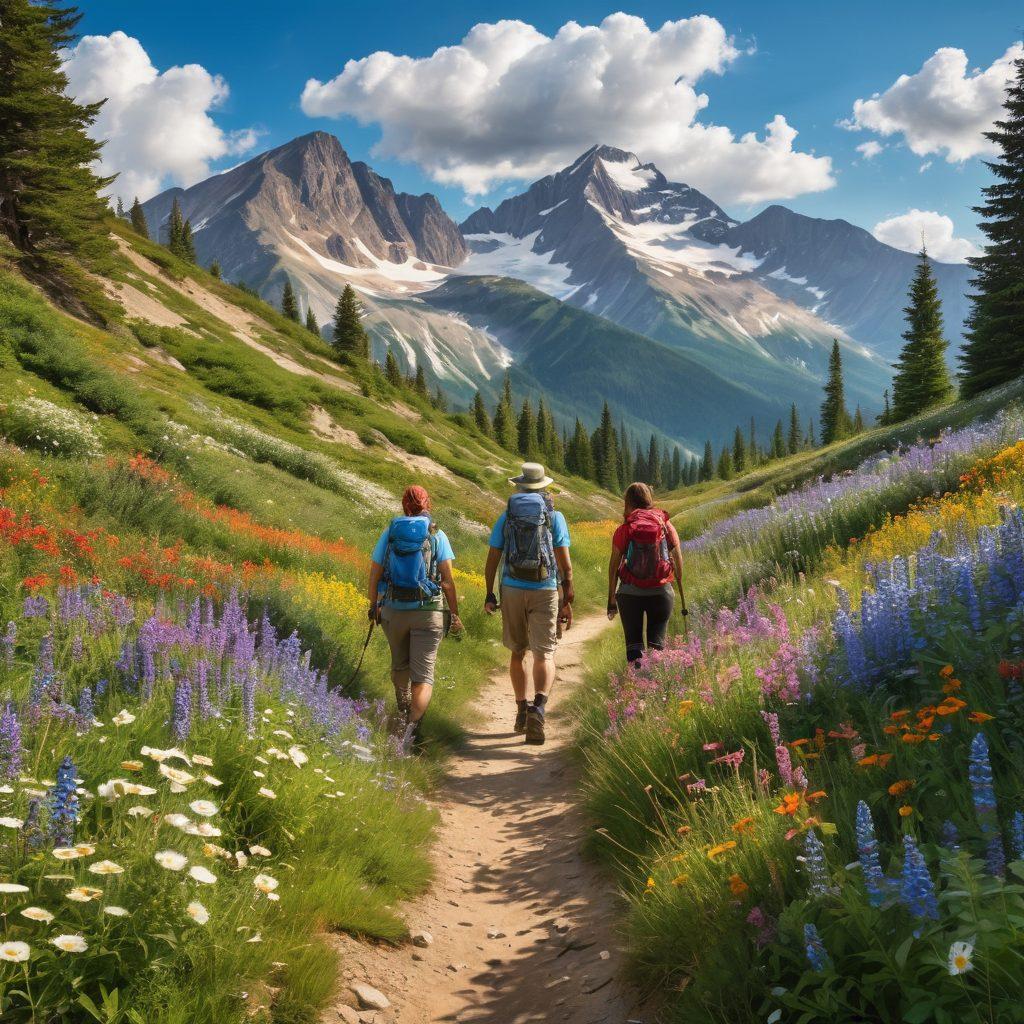 A picturesque landscape scene depicting a group of diverse hikers joyfully exploring a vibrant, scenic trail surrounded by lush greenery and colorful wildflowers, with a majestic mountain range in the background. Soft sunlight filters through the trees, casting warm highlights on the hikers' smiling faces as they share moments of laughter. Include a clear blue sky dotted with fluffy white clouds. vibrant colors. super-realistic.