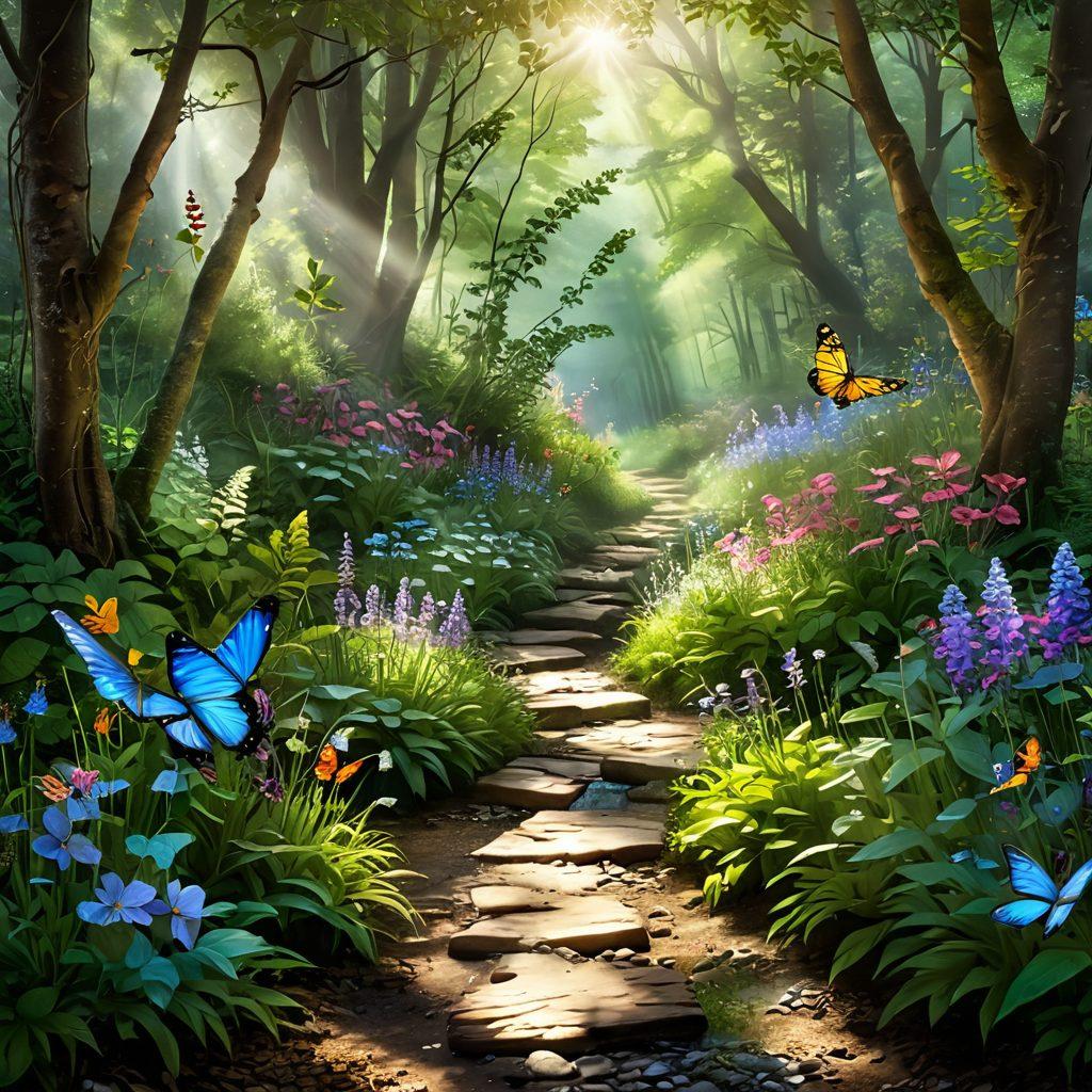 A serene forest pathway lined with vibrant wildflowers, dappled sunlight filtering through lush green leaves, inviting the viewer to step into nature's wonderland. A whimsical touch of soft, ethereal mist surrounds the path, and a gentle stream can be seen glistening nearby. Enchanting butterflies flutter around, creating a dreamlike atmosphere. super-realistic. vibrant colors. enchanting mood.
